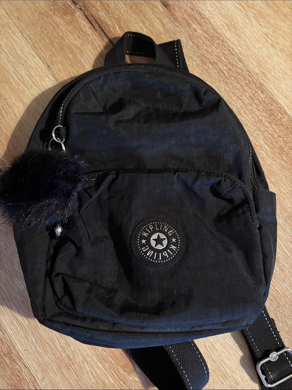 Kipling Black Mini Backpack with Plush Pom Keychain